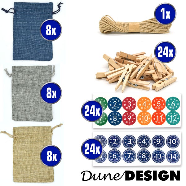 Set für Adventskalender mit Säckchen aus Jute, Holzklammern, Kordel und Aufklebern von Dune Design Logo.