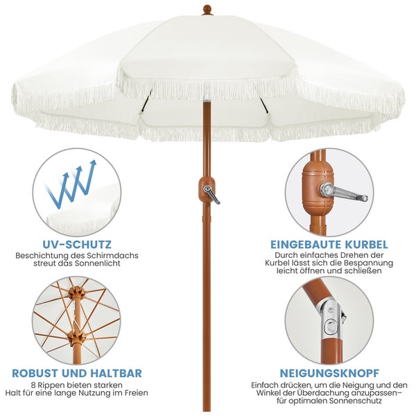 Offener Gartenschirm mit Fransen, Kurbelmechanismus und Neigungsknopf
