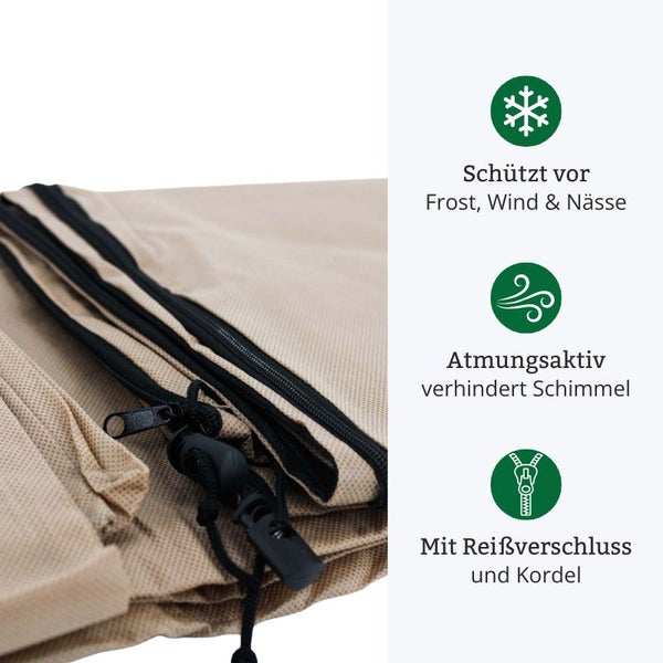 Abdeckung mit Reißverschluss und Kordel, die vor Frost, Wind und Nässe schützt und atmungsaktiv ist, um Schimmel zu verhindern.