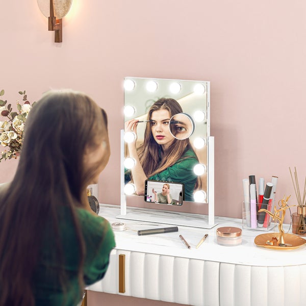 HOMCOM Hollywood Spiegel mit Beleuchtung, Schminkspiegel mit 12 LED Licht, 3 Lichtfarben, 360° Drehbar Kosmetikspiegel mit USB-Ladeanschluss, 10X Vergrößerung, Handyhalterung und Touchschalter