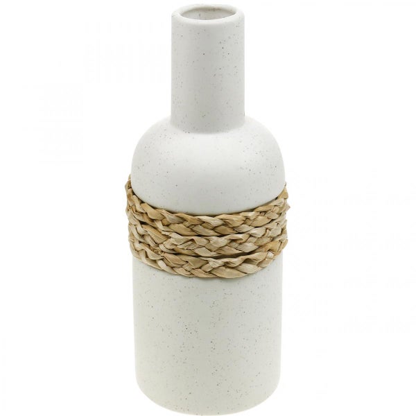 Keramikvase mit geflochtenem Dekoring aus Seegras, gesprenkelte Oberfläche.