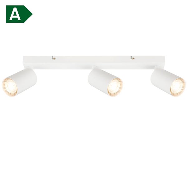Weiße Deckenleuchte mit drei verstellbaren zylindrischen Spotstrahlern inklusive Symbol für Energieeffizienzklasse A.