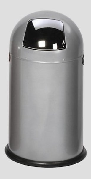 Grauer Push-Abfalleimer aus Metall mit Kuppeldeckel.