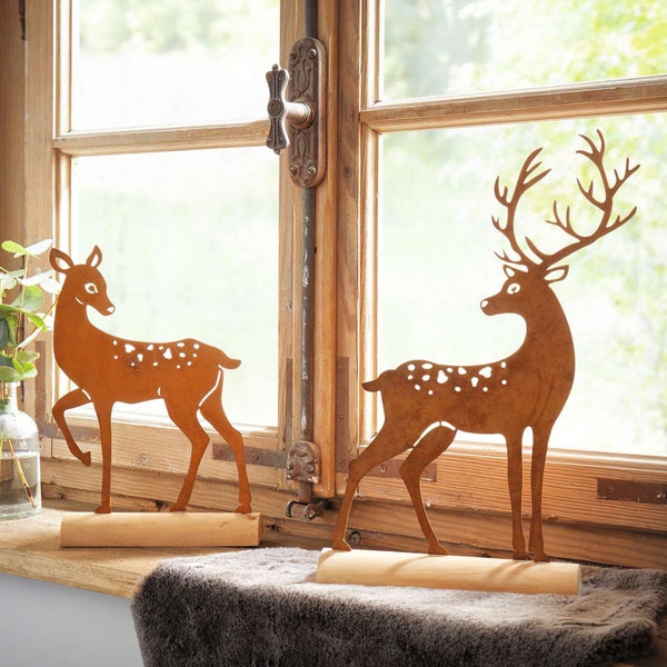 FRANK FLECHTWAREN | Metalldeko Hirsch, 2er Set, METALL, HOLZ, 22 x 6 x 32 cm, 19 x 6 x 25 cm