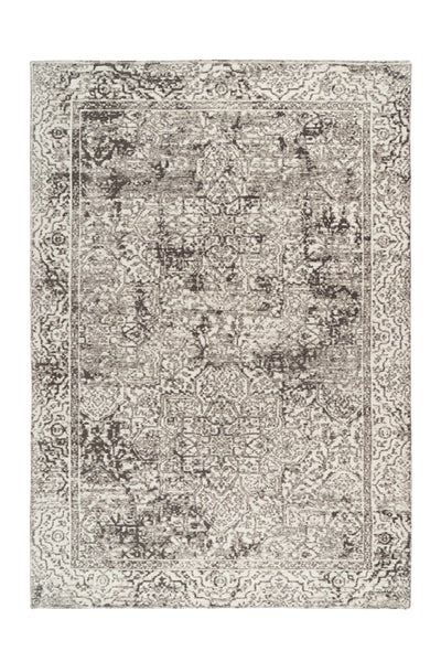 Rechteckiger Teppich in Grau und Beige mit orientalischem Muster im Vintage-Stil, feine Ornamente und umlaufende Bordüre.