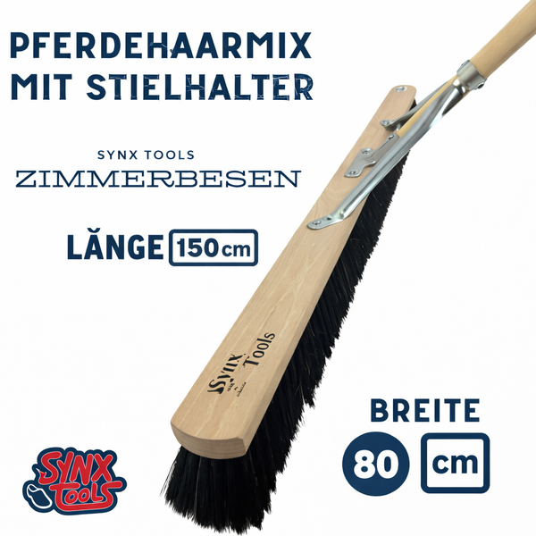 Zimmerbesen mit Rosshaarmischung, Stielhalterung, einer Länge von 150 cm und einer Breite von 80 cm
