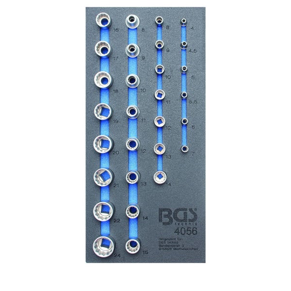 BGS technic Schaumstoffeinlage Modell 4056 mit Steckschlüsselsatz, verschiedene Größen von 4 bis 24 Millimeter, BGS technic Logo.