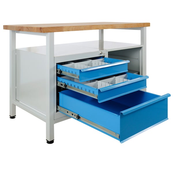 PROREGAL Werkbank Rhino mit Ablagefläche 3 Schubladen Regalteil HxBxT 84 x 120 x 60 cm Traglast 300 kg Lichtgrau Blau
