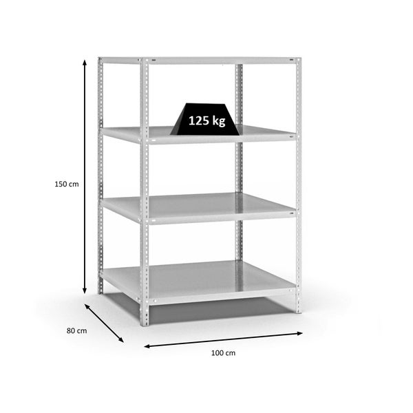 PROREGAL Fachbodenregal Schraubsystem Light-Duty Grundregal HxBxT 150 x 100 x 80 cm 4 Ebenen Fachlast 125 kg Beidseitig Nutzbar Lichtgrau