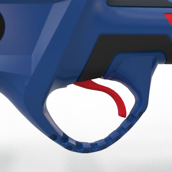 Detailansicht des ergonomischen Abzugs einer blauen Hochdruckreiniger-Spritzpistole mit rotem Hebel.