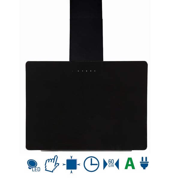 Dunstabzugshaube aus schwarzem Glas, 60 Zentimeter breit, mit LED-Beleuchtung, Touch-Steuerung, Energieeffizienzklasse A und Netzstecker.