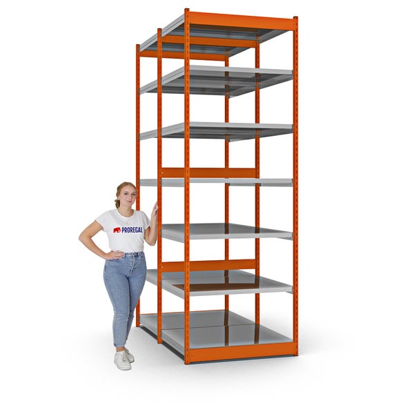PROREGAL Fachbodenregal Stecksystem Vierkant-Profil Grundregal HxBxT 300 x 102,5 x 80 cm 2x7 Ebenen Doppelseitige Bauart Fachlast 200 kg Orange