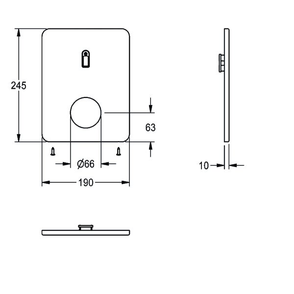 Maßzeichnung einer Betätigungsplatte mit Maßen in Millimeter: Höhe 245, Breite 190, Tiefe 10, Durchmesser der runden Aussparung 66.