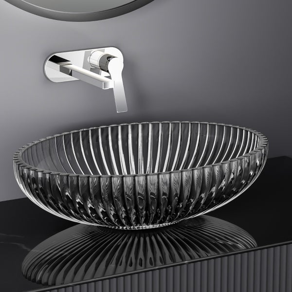 EMKE Aufsatzwaschbecken Tempered Lead Crystal Glass, 51 x 35 cm, Schwarz, Badezimmer Waschbecken mit Elektroplattiertem Design, Ohne Hahnloch, Für Badezimmer und WC, Höhe 15 cm