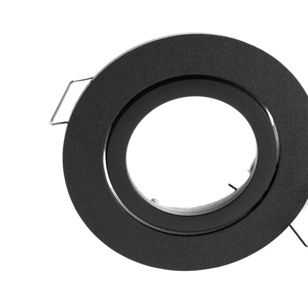 Schwarzer Einbaustrahler-Rahmen, rund, aus Metall mit Montagefedern.