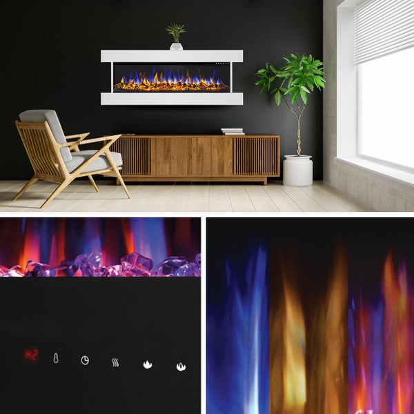 Glow Fire Elektrokamin 'Clear 50' | Multicolor LED Wandkamin mit Heizung in weiss (1600 W) | HxBxT: 52,5x151,7x22,3 cm