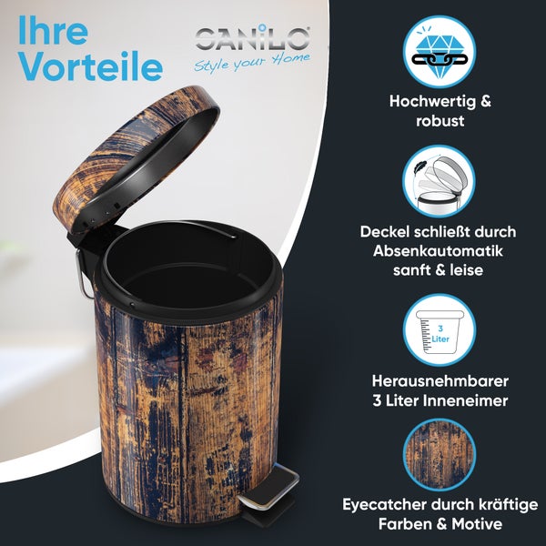 Sanilo Tretabfalleimer in Holzoptik, robust, mit Absenkautomatik für leises Schließen und herausnehmbarem 3-Liter-Inneneimer. Sanilo Logo.