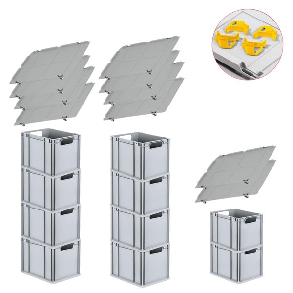 PROREGAL Spar Set 10x Eurobox Nextgen Economy Mit Auflagedeckel & 4x Schiebeschnappverschlüsse Gelb Griffe Offen HxBxT 32 x 30 x 40 cm 30 Liter