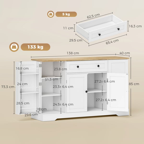 Weißes Küchenbuffet mit Holzplatte, Abmessungen in Zentimetern und Traglast von 133 Kilogramm, mit Schubladen und offenen Türen.