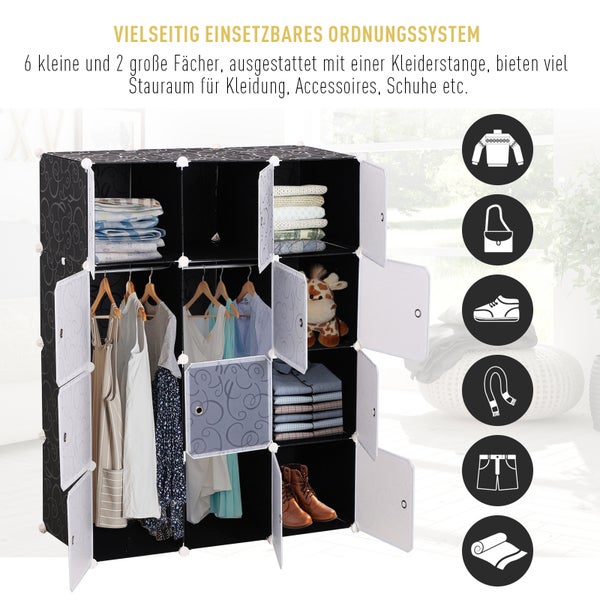 HOMCOM Kleiderschrank DIY Garderobe Regalsystem Steckregal Würfel Garderobenschrank mit Kleiderstange 2 + 6 Fächer aus PP Schwarz + Weiß 111 x 47 x 145 cm