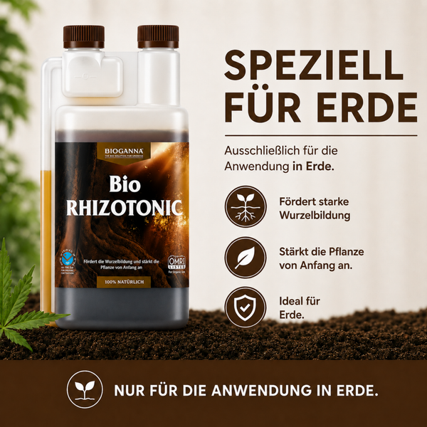 Bioganna Bio Rhizotonic Wurzeldünger für Erde in einer Dosierflasche zur Förderung des Wurzelwachstums und Stärkung der Pflanzen.
