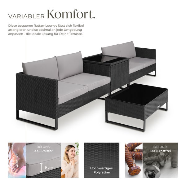 Rattan Lounge Set mit Glasplatten-Tischen und grauen Polstern für den Außenbereich