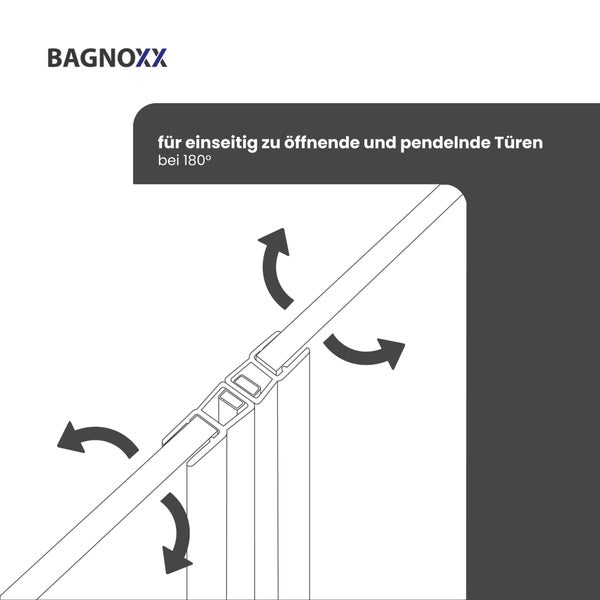 BAGNOXX Logo. Duschkabinendichtung für einseitig öffnende und pendelnde Türen bei 180 Grad.