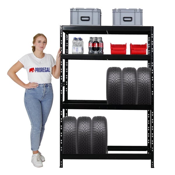 PROREGAL Mega Deal 4x Reifenregal Tiger HxBxT 180x120x40 cm bis zu 12 Reifen auf 2 Ebenen mit 2 Fachboden Schwarz Reifenständer