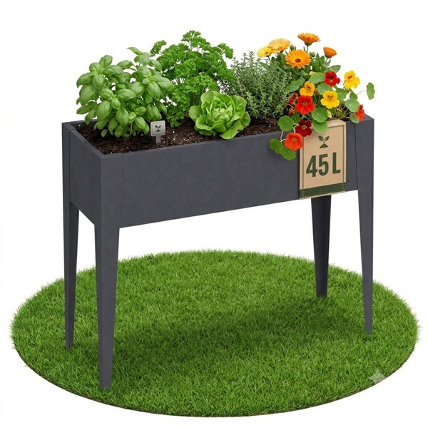 Hochbeet mit 45 Liter Fassungsvermögen, bepflanzt mit Kräutern und Blumen, auf einem Stück Rasen.
