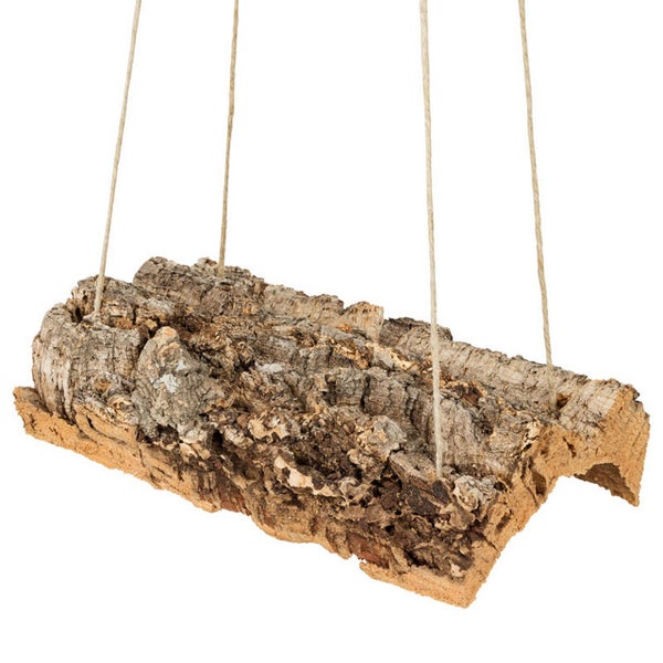Schwebende Korkrinde aus Naturkork für Vögel und Nager mit vier Aufhängeschnüren.