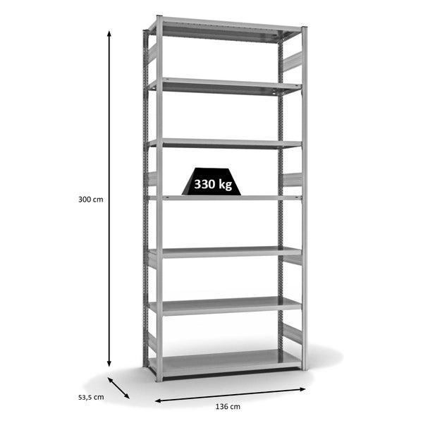 PROREGAL Fachbodenregal Stecksystem T-Profil Heavy-Duty Grundregal HxBxT 300 x 130 x 50 cm 7 Ebenen Fachlast 330 kg Beidseitig Nutzbar Verzinkt