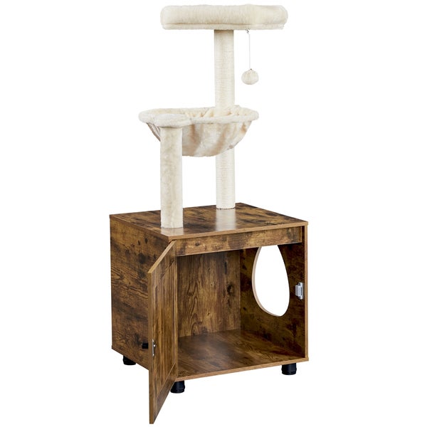 Katzenkratzbaum mit Katzenhaus und offener Tür