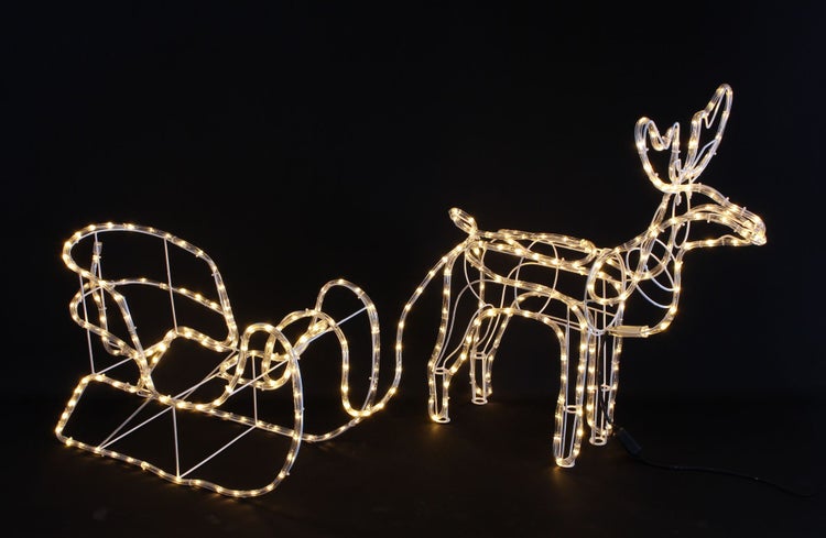 FRANK FLECHTWAREN | LED-Deko Rentier mit Schlitten, METALL, KUNSTSTOFF, Schlitten ca. 58 x 27 x 42 cm, Rentier 64 x 36 x 70 cm, Gesamtlänge 177 cm, Zuleitung 5 Meter