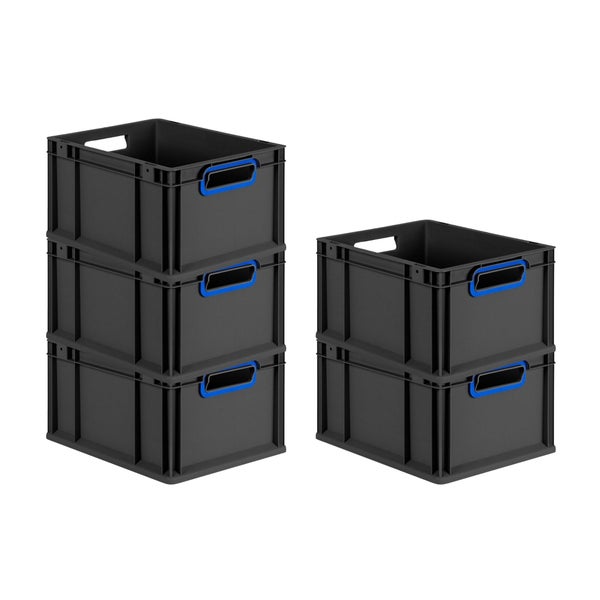 PROREGAL SparSet 10x Eurobox NextGen Color, HxBxT 22x30x40cm, 20 Liter, Griffe blau offen, Schwarz, Eurobehälter, Transportbox, Transportbehälter, Stapelbehälter