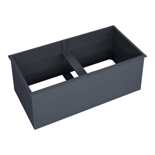 Rechteckiges Hochbeet aus Metall in Anthrazit mit Mittelstrebe zur Stabilisierung.
