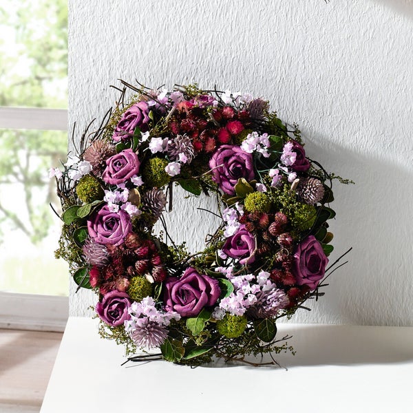 FRANK FLECHTWAREN | Kranz Lila Rose, HOLZ, TEXTIL, ca. Ø 25 cm, Innen-Ø 7 cm