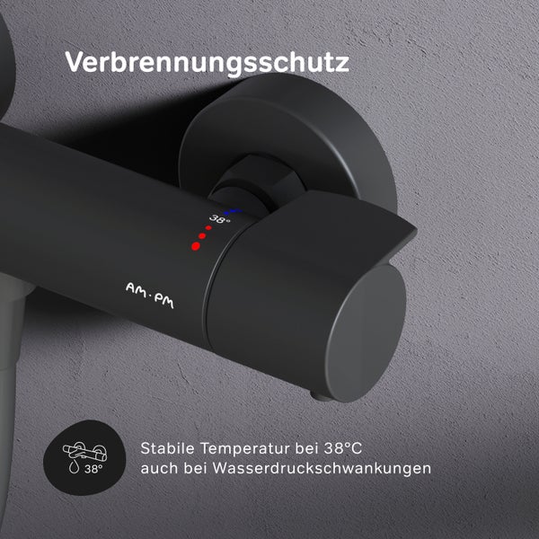AM PM Thermostat Brausearmatur mit Verbrühschutz und konstanter Temperatur bei 38 Grad Celsius.