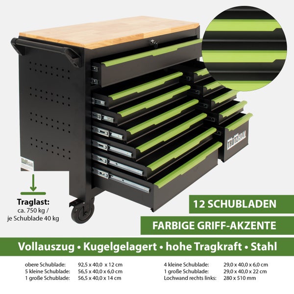Trutzholm Werkstattwagen aus Stahl mit 12 Schubladen, kugelgelagertem Vollauszug, hoher Tragkraft und Arbeitsplatte aus Holz.