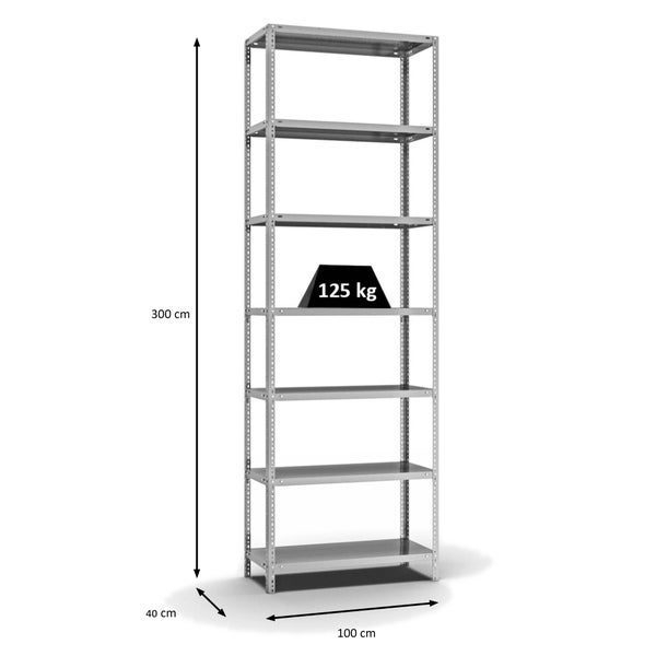 PROREGAL Fachbodenregal Schraubsystem Light-Duty Grundregal HxBxT 300 x 100 x 40 cm 7 Ebenen Fachlast 125 kg Beidseitig Nutzbar Verzinkt