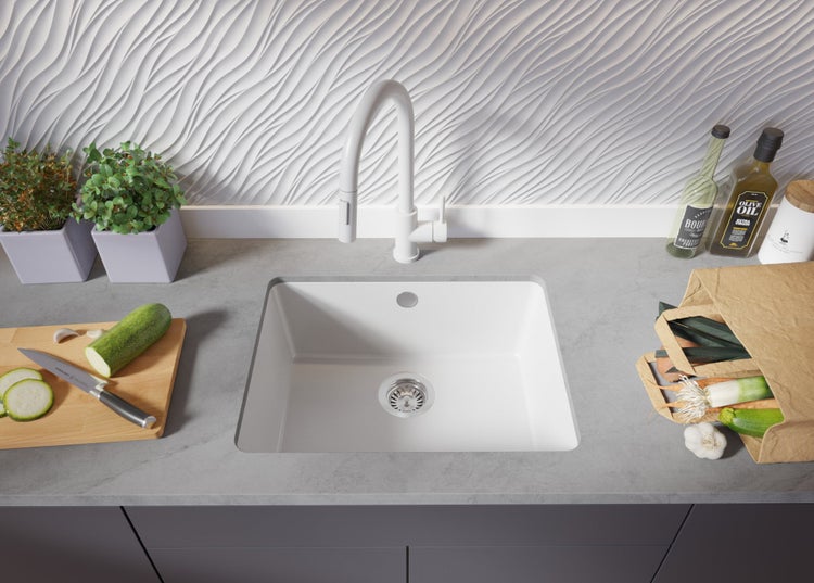 PRIMAGRAN Unterbauspüle Granit Alles Weiß 56x44cm, Spülbecken 1 Becken + Küchenarmatur 40x20cm + Ablauf-Set, Granitspüle ab 60er Unterschrank - Venedig Easy