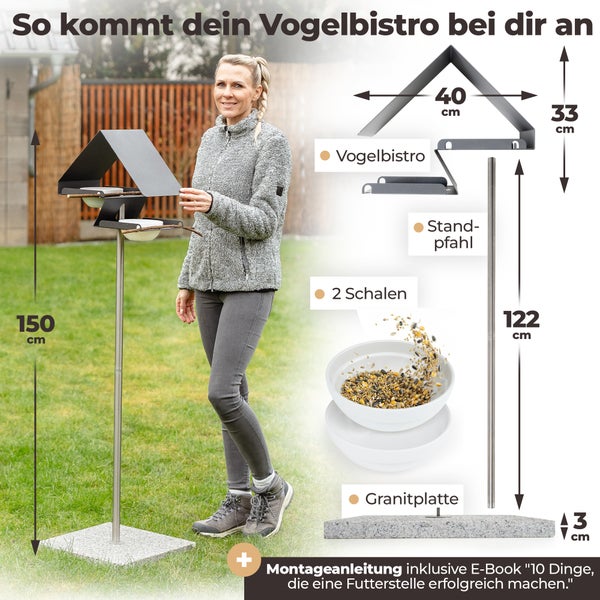 Vogelbistro mit zwei Futterschalen, Standpfahl und Granitplatte, inklusive Montageanleitung und E-Book