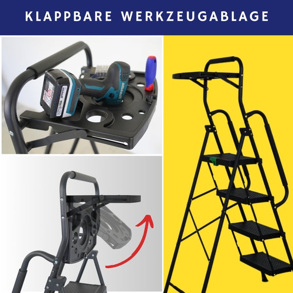 Vierstufige Trittleiter mit klappbarer Werkzeugablage oben für Werkzeuge wie Akkuschrauber und Schraubendreher.