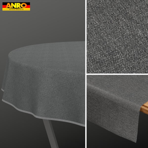 Graue Tischdecke in runder und eckiger Ausführung aus meliertem Gewebe mit Detailansicht der Struktur. ANRO Logo.