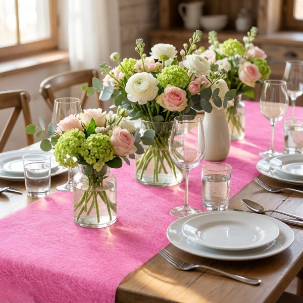 Festlich gedeckter Holztisch mit rosa Tischläufer, Blumenvasen aus Glas und weißem Geschirr in einem hellen, wohnlichen Esszimmer.