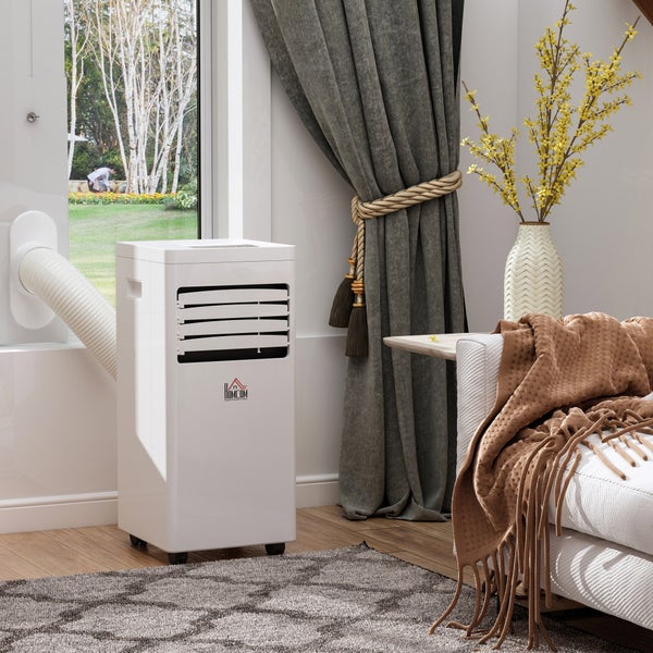 HOMCOM Mobile Klimaanlage, 7000BTU 3-in-1 Klimagerät - Kühlen, Entfeuchtung und Ventilation – Luftentfeuchter, Ventilator, mit Fernbedienung 24h Timer, 2 Geschwindigkeitsstufen, für 10-15 m², Weiß