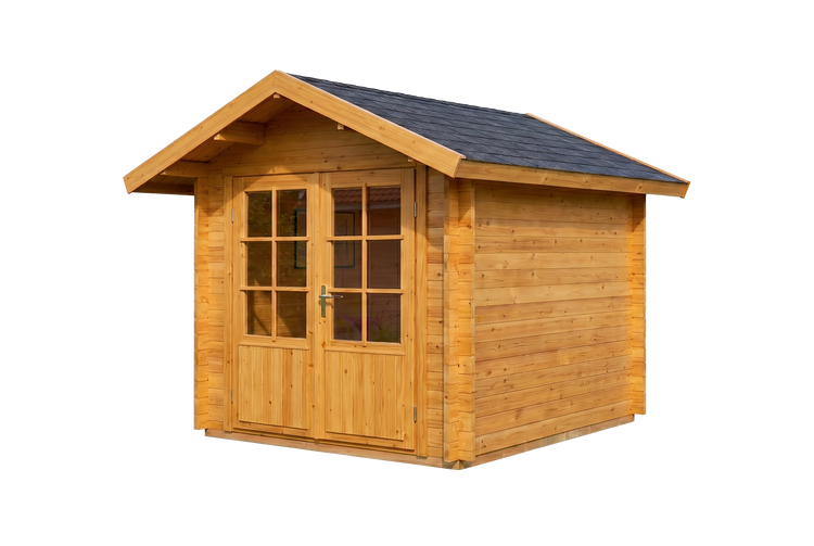 Gartenhaus aus Massivholz mit Satteldach und einer Doppeltür mit Glaseinsätzen.