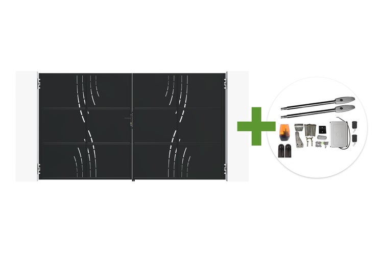 Doppelflügeltor mit modernen Verzierungen inklusive elektrischem Torantrieb Set mit zwei Motoren und Zubehör