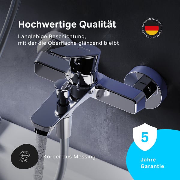 Verchromte Armatur mit Wasserauslauf und German Quality Siegel sowie fünf Jahre Garantie.