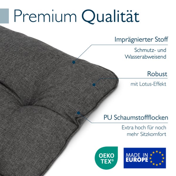 Detailansicht eines hochwertigen Sitzpolsters mit imprägniertem Stoff, Lotus Effekt und PU Schaumstoffflocken für hohen Sitzkomfort.