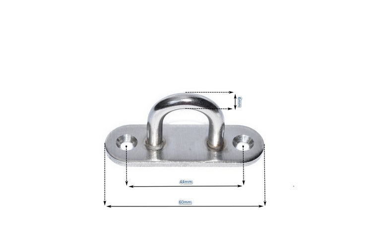Augplatte aus Edelstahl mit Abmessungen: Gesamtlänge 60 Millimeter, Lochabstand 44 Millimeter und Materialstärke 6 Millimeter.